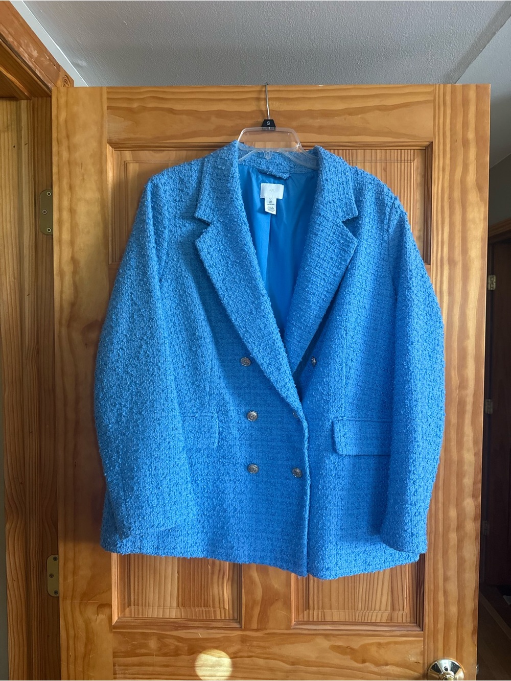 H&M Double-Breasted Bouclé Blazer in Bright Blue